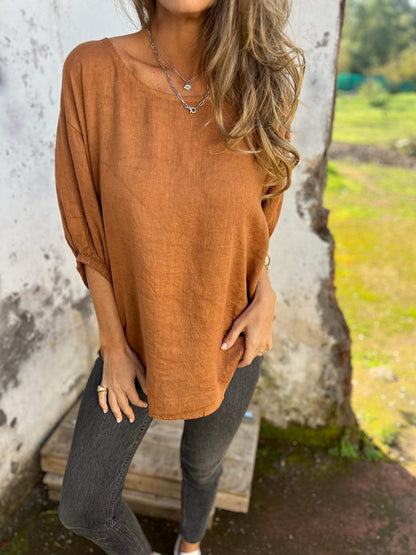 Damski top z okrągłym dekoltem i średnim rękawem, z bawełny i lnu, na co dzień