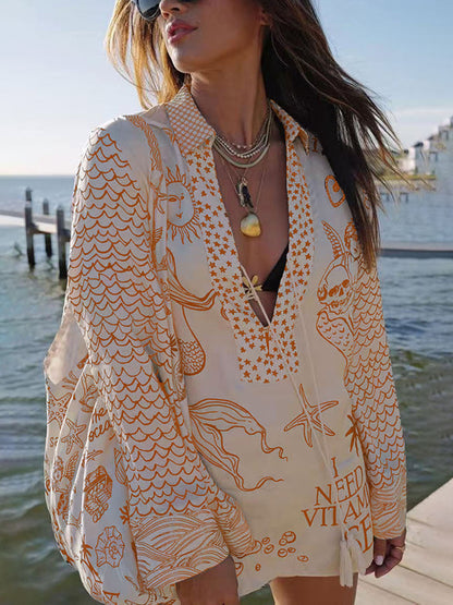 AQUA | Unikalny zestaw koszuli z satyny z nadrukiem Live By Water i szortów z elastycznym pasem