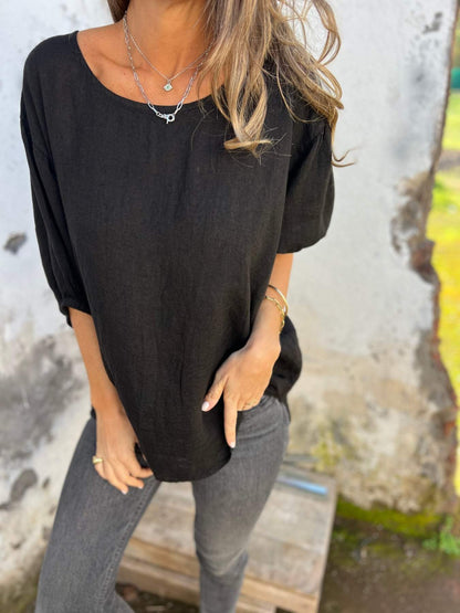 Damski top z okrągłym dekoltem i średnim rękawem, z bawełny i lnu, na co dzień