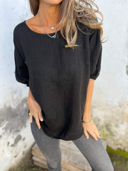 Damski top z okrągłym dekoltem i średnim rękawem, z bawełny i lnu, na co dzień