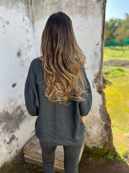 Damski top z okrągłym dekoltem i średnim rękawem, z bawełny i lnu, na co dzień