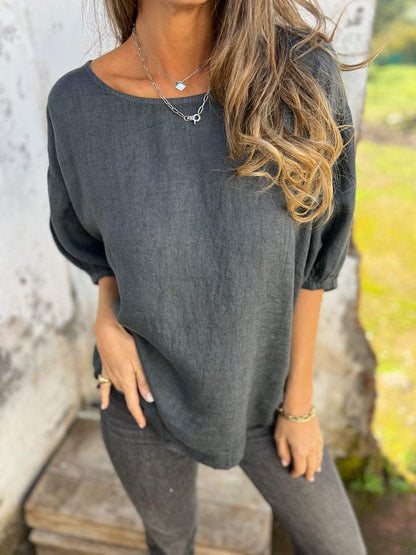 Damski top z okrągłym dekoltem i średnim rękawem, z bawełny i lnu, na co dzień